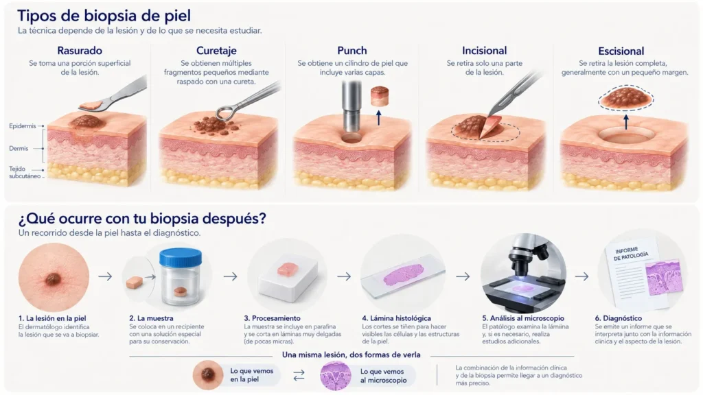 Ilustración de los tipos de biopsia de piel —rasurado, curetaje, punch, incisional y escisional— y del proceso de la muestra hasta el diagnóstico microscópico.