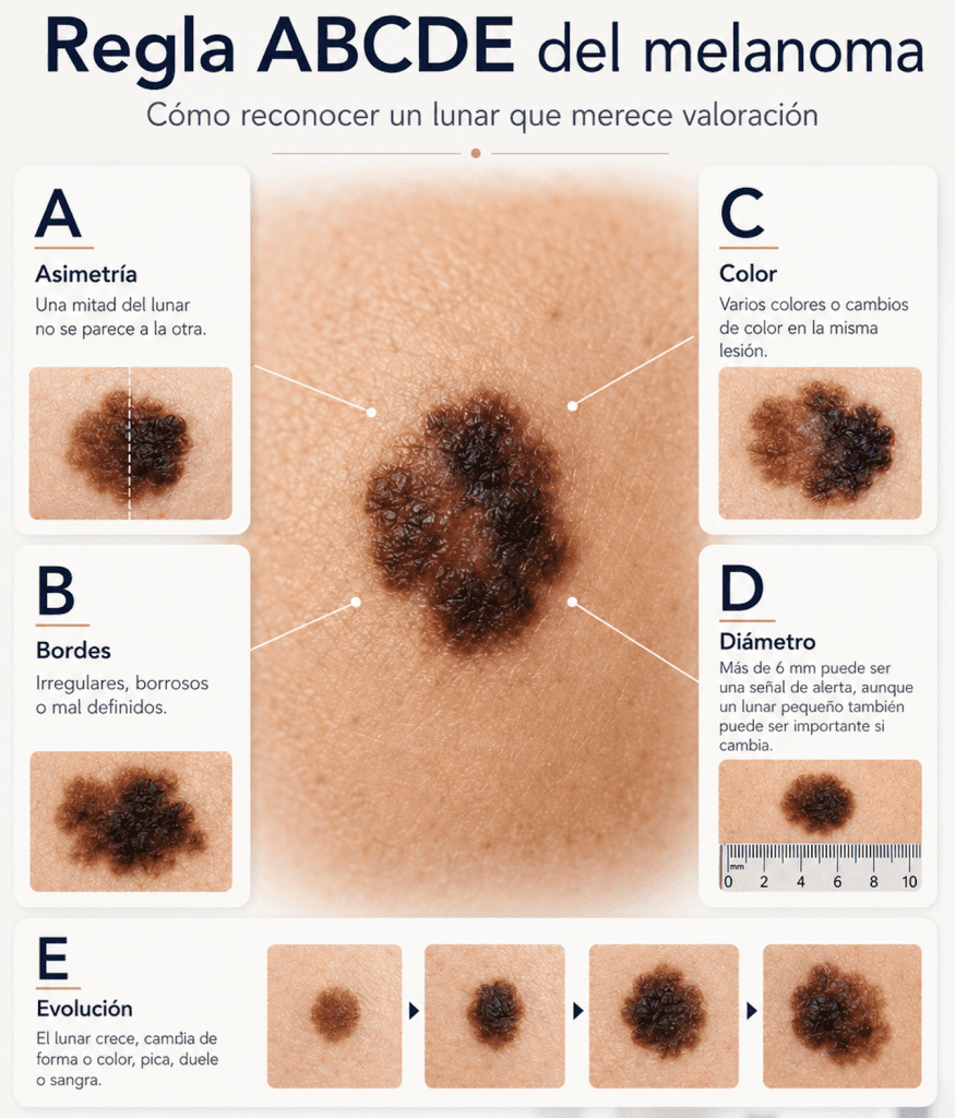 Medical illustration of the ABCDE rule for melanoma to recognize a mole with asymmetry, irregular borders, multiple colors, a diameter greater than 6 mm, or changes.