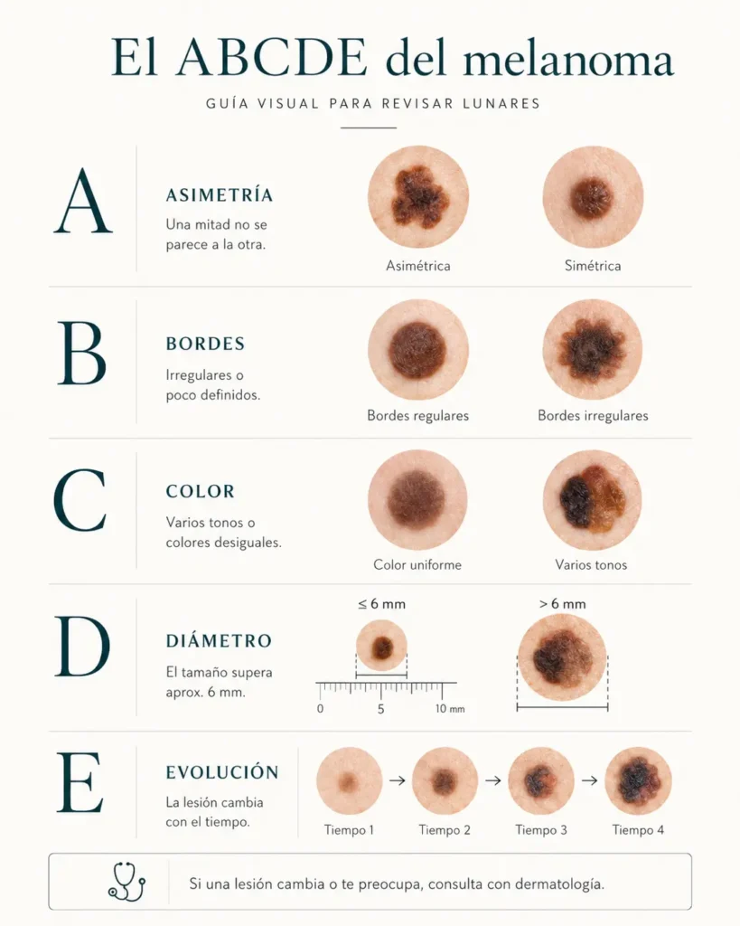 Medical infographic on the ABCDEs of melanoma to identify asymmetry, borders, color, diameter and evolution in suspicious moles.