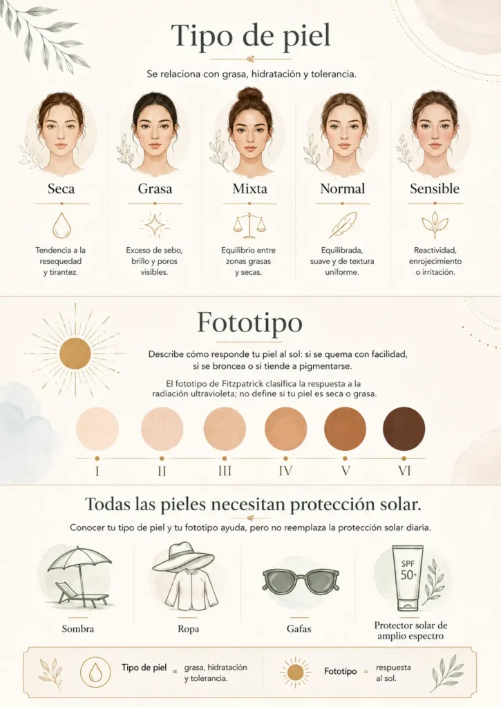 Elegant infographic on the difference between skin type and phototype, with categories of dry, oily, combination, normal and sensitive skin, Fitzpatrick phototype scale and sun protection measures such as shade, clothing, sunglasses and broad spectrum sunscreen.